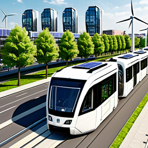 **

"A modern German city skyline with wind turbines and solar panels integrated into the buildings. A futuristic tram system is shown transporting people, with green spaces and electric vehicles visible. The overall mood is bright, optimistic, and showcases a sustainable urban environment. Focus on renewable energy infrastructure and eco-friendly transportation."

**