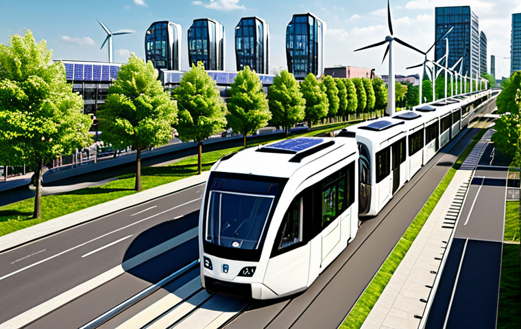 **

"A modern German city skyline with wind turbines and solar panels integrated into the buildings. A futuristic tram system is shown transporting people, with green spaces and electric vehicles visible. The overall mood is bright, optimistic, and showcases a sustainable urban environment. Focus on renewable energy infrastructure and eco-friendly transportation."

**