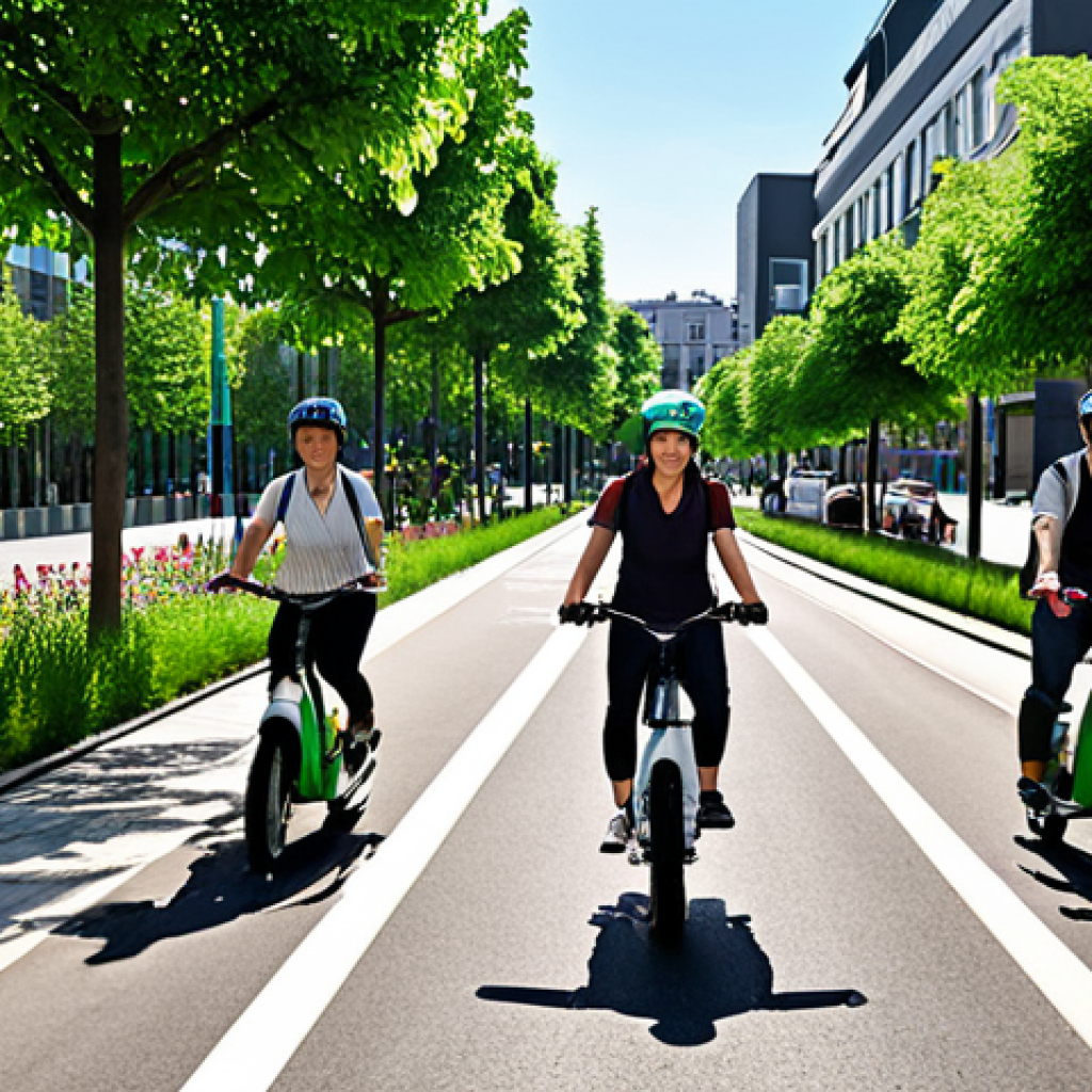 Green Cityscape - Bicycle Focus**

`A vibrant, modern European city street scene. Focus on a safe, dedicated bicycle lane filled with cyclists of diverse ages and backgrounds. Lush green trees line the street. In the background, buildings with green roofs and vertical gardens are visible. The sky is clear and blue. The overall tone is optimistic and promotes sustainable urban living. Include a few people using e-scooters. Realistic photo, high resolution.`

**