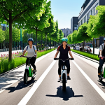 Green Cityscape - Bicycle Focus**

`A vibrant, modern European city street scene. Focus on a safe, dedicated bicycle lane filled with cyclists of diverse ages and backgrounds. Lush green trees line the street. In the background, buildings with green roofs and vertical gardens are visible. The sky is clear and blue. The overall tone is optimistic and promotes sustainable urban living. Include a few people using e-scooters. Realistic photo, high resolution.`

**