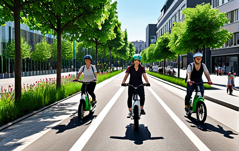 Green Cityscape - Bicycle Focus**
`A vibrant, modern European city street scene. Focus on a safe, dedicated bicycle lane filled with cyclists of diverse ages and backgrounds. Lush green trees line the street. In the background, buildings with green roofs and vertical gardens are visible. The sky is clear and blue. The overall tone is optimistic and promotes sustainable urban living. Include a few people using e-scooters. Realistic photo, high resolution.`
**