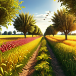**Prompt:** A vibrant, diverse field in the German countryside. Focus on a section showcasing intercropping with apple trees with grain growing underneath, alongside colorful flower strips buzzing with bees and butterflies at the edge of the field. The sun shines down, illuminating the diverse ecosystem. Golden wheat, fruit laden apple trees. Hyperrealistic, pastoral scene.