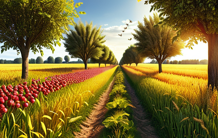 **Prompt:** A vibrant, diverse field in the German countryside. Focus on a section showcasing intercropping with apple trees with grain growing underneath, alongside colorful flower strips buzzing with bees and butterflies at the edge of the field. The sun shines down, illuminating the diverse ecosystem. Golden wheat, fruit laden apple trees. Hyperrealistic, pastoral scene.