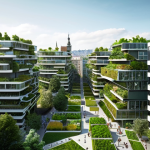 **Prompt 1: Urban Symbiosis with Nature**
    A futuristic, vibrant European city where modern architecture seamlessly integrates lush green infrastructure. Envision buildings with sprawling green roofs and cascading vertical gardens, alongside abundant urban parks and permeable public spaces. The scene should convey a sense of coolness, clean air, and human well-being, highlighting how nature actively combats urban heat and pollution, creating a sustainable and resilient living environment.