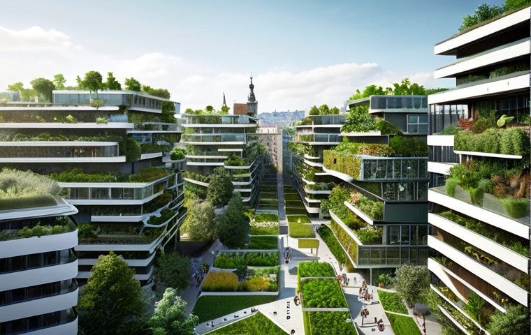 **Prompt 1: Urban Symbiosis with Nature**
A futuristic, vibrant European city where modern architecture seamlessly integrates lush green infrastructure. Envision buildings with sprawling green roofs and cascading vertical gardens, alongside abundant urban parks and permeable public spaces. The scene should convey a sense of coolness, clean air, and human well-being, highlighting how nature actively combats urban heat and pollution, creating a sustainable and resilient living environment.