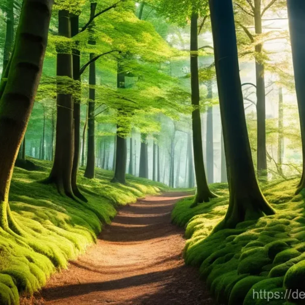 자연 기반 기후 솔루션의 미래 전망 - A serene and vibrant German mixed forest, with ancient oak trees and tall pines forming a dense cano...