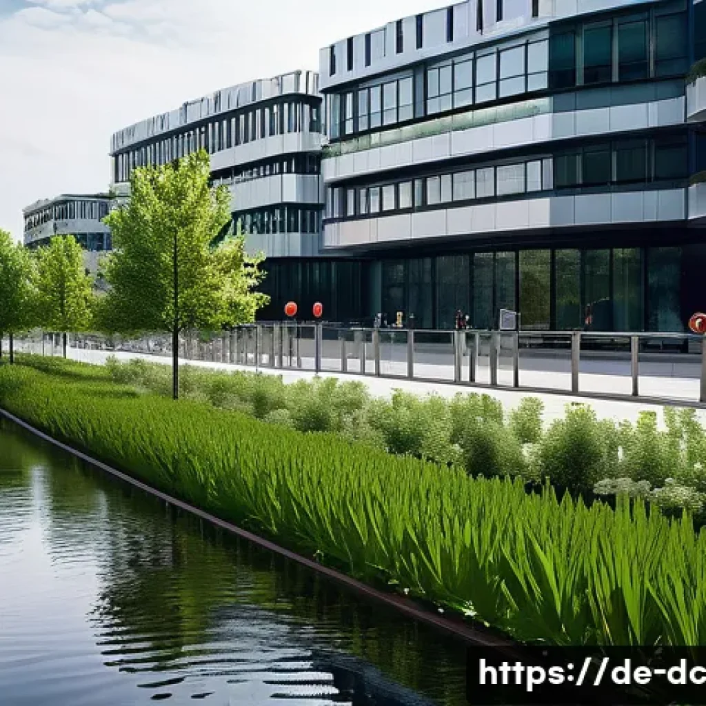지속 가능한 수자원 관리와 기후 해결 - A modern urban landscape in a German city like Berlin, featuring smart water management technology i...