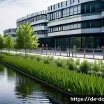Home 20 지속 가능한 수자원 관리와 기후 해결 - A modern urban landscape in a German city like Berlin, featuring smart water management technology i...