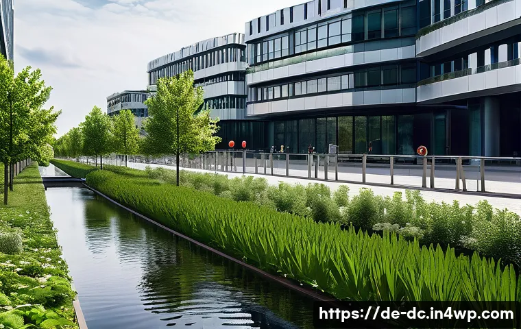 지속 가능한 수자원 관리와 기후 해결 - A modern urban landscape in a German city like Berlin, featuring smart water management technology i...