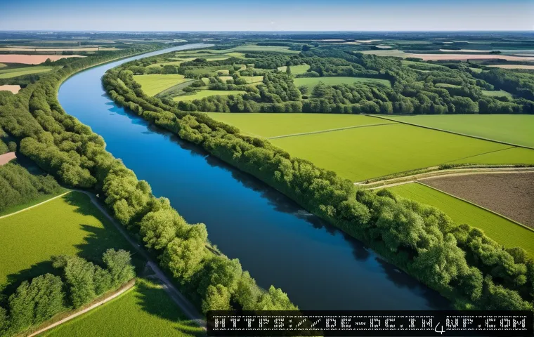 자연 기반 기후 솔루션과 보험 산업의 관계 - A detailed aerial view of a restored river floodplain in a German landscape, showcasing lush greener...
