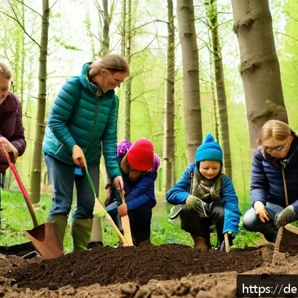 자연 기반 기후 솔루션의 교육 프로그램 - A vibrant community planting event in a northern German forest, showcasing people of all ages collab...