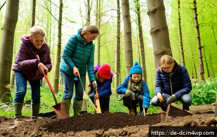 자연 기반 기후 솔루션의 교육 프로그램 - A vibrant community planting event in a northern German forest, showcasing people of all ages collab...