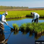 Home 23 자연 기반 기후 솔루션의 효과성을 평가하는 방법 - A vibrant German wetland restoration scene in Lower Saxony during spring, showing a diverse array of...