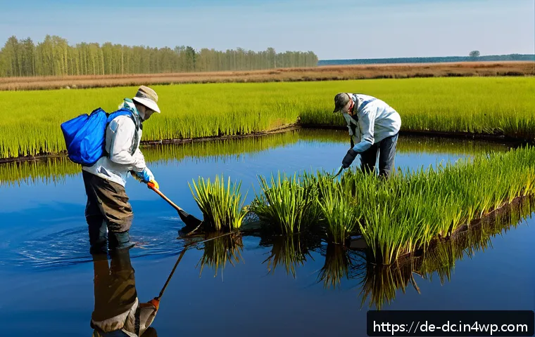 자연 기반 기후 솔루션의 효과성을 평가하는 방법 - A vibrant German wetland restoration scene in Lower Saxony during spring, showing a diverse array of...