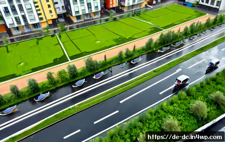 Home 17 자연 기반 기후 솔루션의 현대적 접근 - Photorealistic aerial view of a modern German city district with extensive green roofs, tree-lined s...