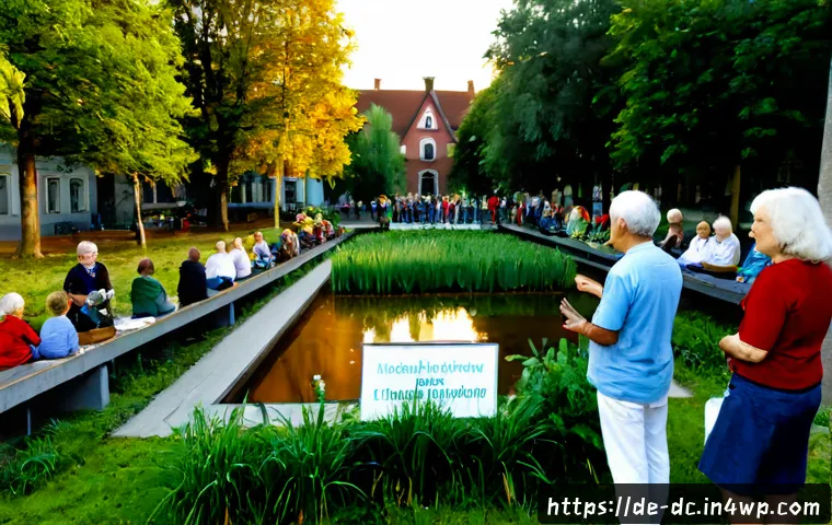 자연 기반 기후 솔루션의 효과적인 홍보 방법 - Photorealistic German community climate fair in a leafy urban square, diverse adults and seniors gat...