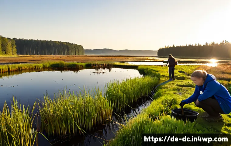 자연 기반 기후 솔루션의 기초 원리 - Photorealistic wide landscape of a restored German wetland at sunrise, peat-rich marsh pools, tall r...
